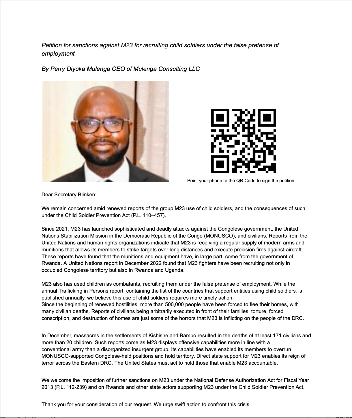 Addressing the Humanitarian Crisis in the Democratic Republic of Congo (DRC): Mulenga Consulting’s CEO Perry Diyoka Mulenga Leads Global Petition to Counter M23’s Child Soldier Exploitation