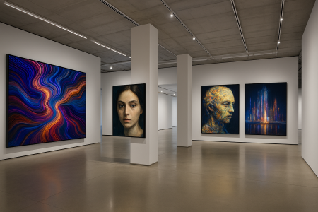Contemporary art gallery with digital art installations and AI-generated artwork displays