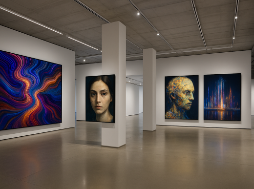 Contemporary art gallery with digital art installations and AI-generated artwork displays