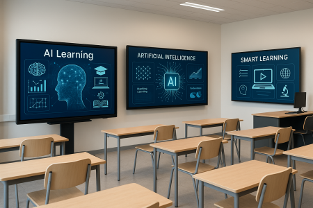 Modern classroom with AI learning technology and interactive educational displays