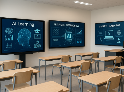 Modern classroom with AI learning technology and interactive educational displays