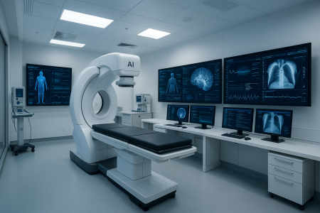 Futuristic medical facility with AI diagnostic equipment and healthcare technology