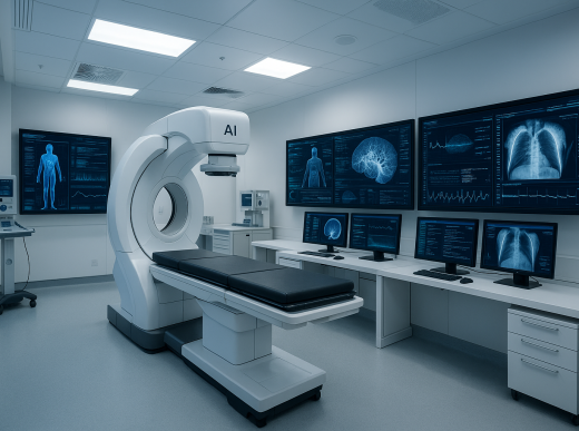 Futuristic medical facility with AI diagnostic equipment and healthcare technology