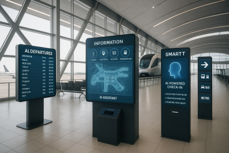 Modern airport terminal with smart travel technology displays and AI systems