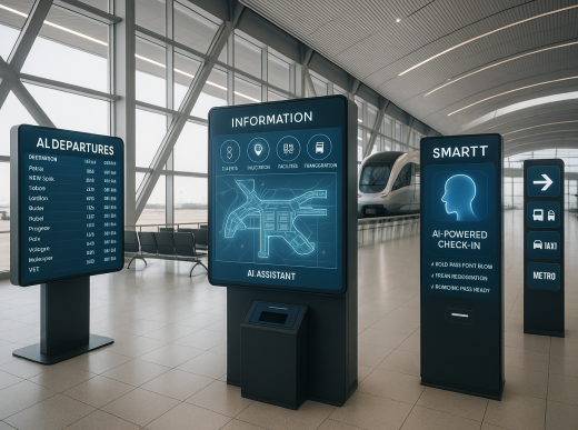 Modern airport terminal with smart travel technology displays and AI systems
