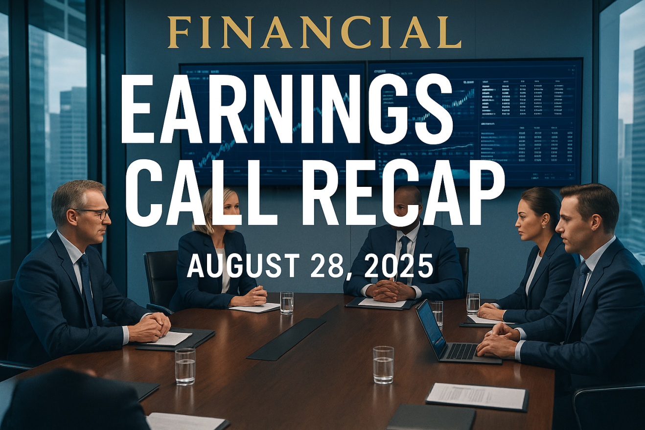 Professional earnings call recap magazine cover showing corporate boardroom with financial data