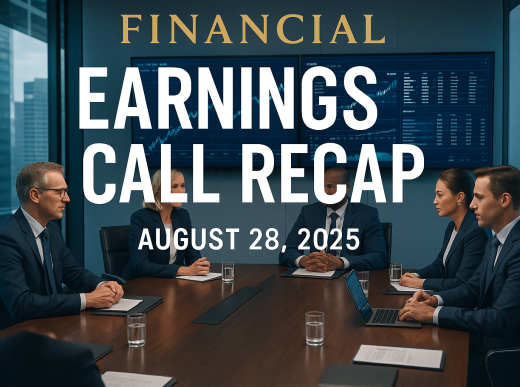 Professional earnings call recap magazine cover showing corporate boardroom with financial data