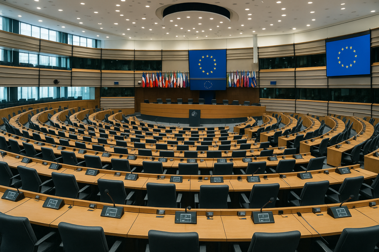 European Parliament chamber with modern legislative technology and EU governmental hall