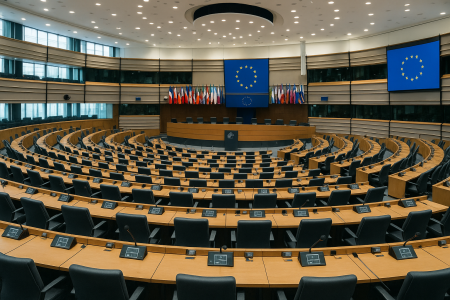 European Parliament chamber with modern legislative technology and EU governmental hall