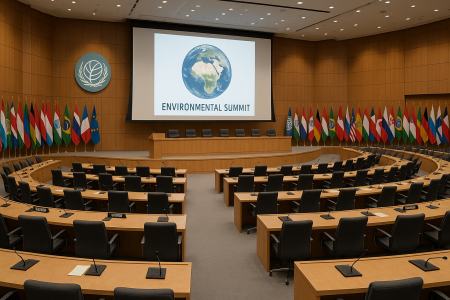 International conference center with environmental summit setup and global meeting venue