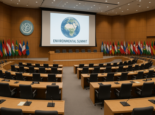 International conference center with environmental summit setup and global meeting venue