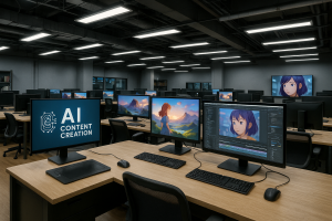 Modern animation studio with AI content creation technology and digital production facility