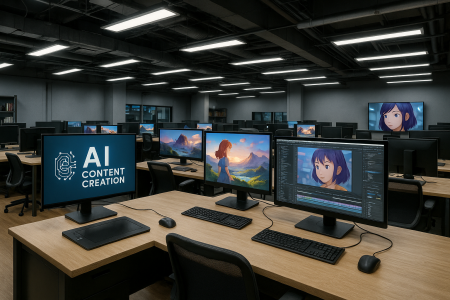 Modern animation studio with AI content creation technology and digital production facility