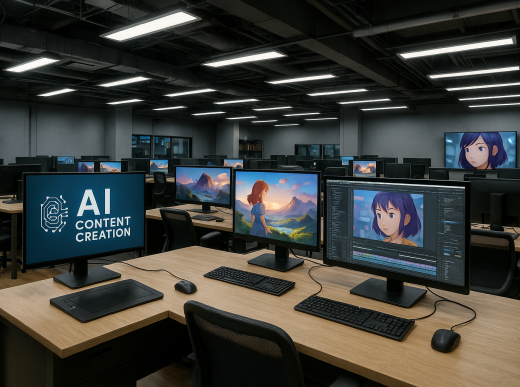 Modern animation studio with AI content creation technology and digital production facility