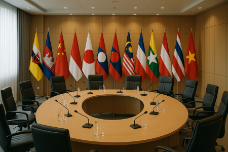 Modern diplomatic meeting room with Asian flags and international relations facility