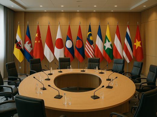 Modern diplomatic meeting room with Asian flags and international relations facility