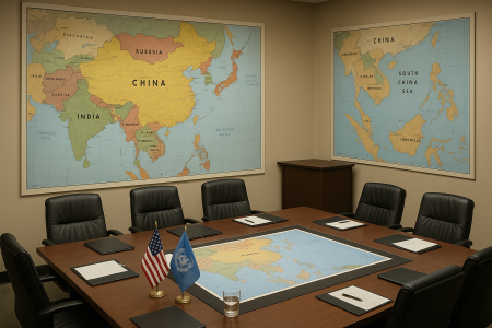 International diplomatic facility with Asian geopolitical maps and strategic planning center