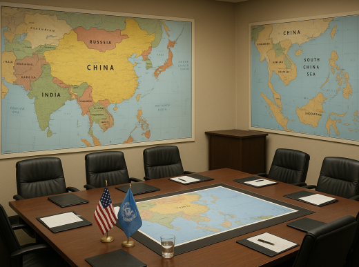 International diplomatic facility with Asian geopolitical maps and strategic planning center