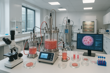 Modern food biotechnology laboratory with advanced bioreactors and cell cultivation systems