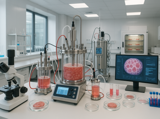 Modern food biotechnology laboratory with advanced bioreactors and cell cultivation systems