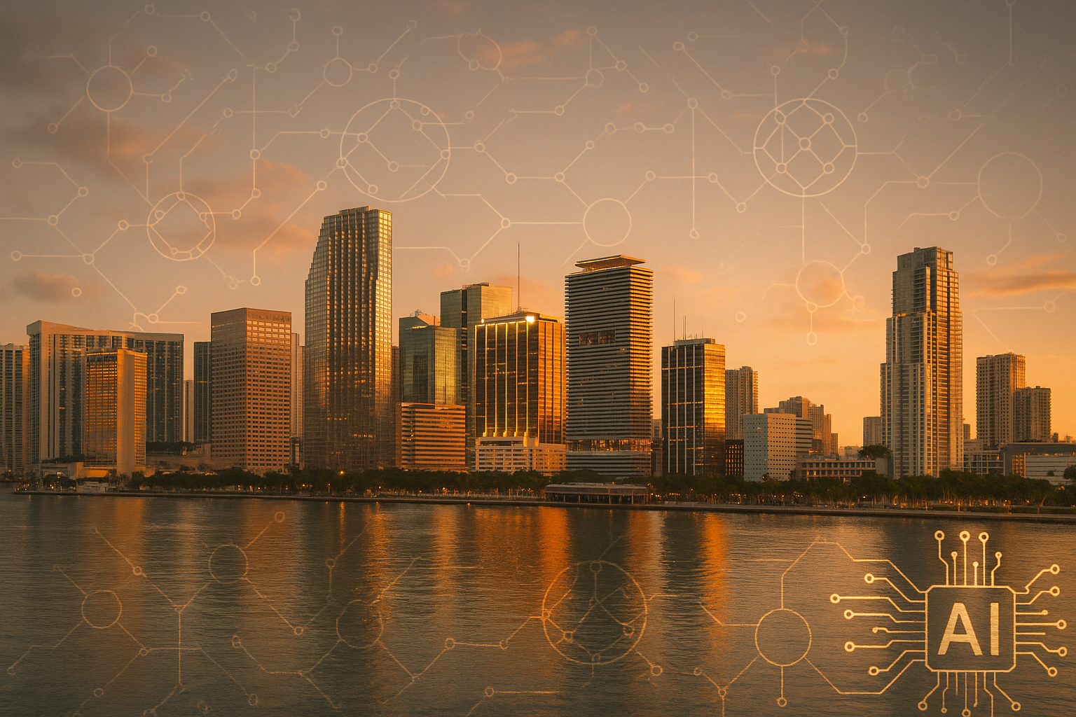 Miami Tech Hub Skyline with AI and Blockchain Overlay