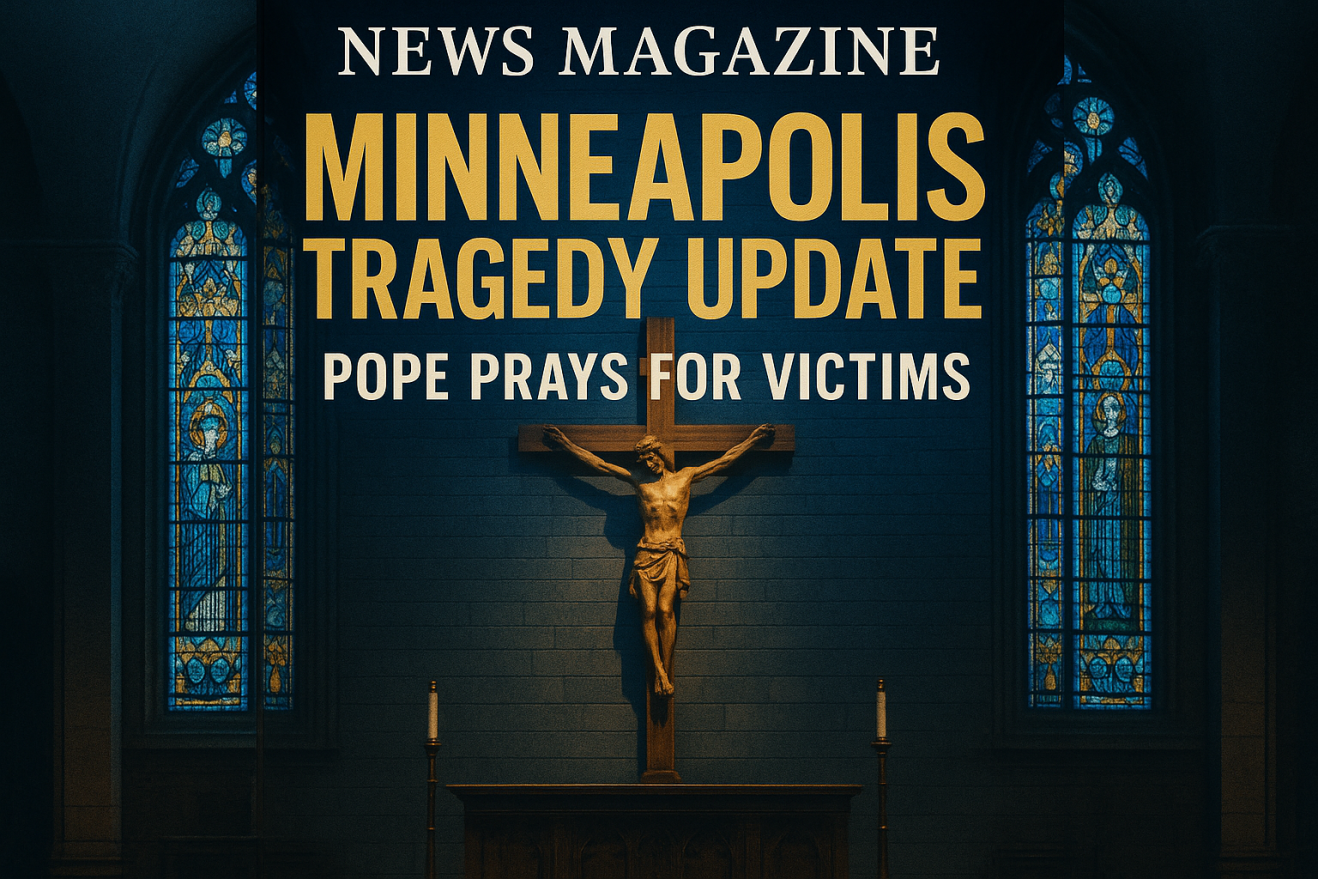 Catholic church interior with stained glass windows and crucifix, magazine cover style