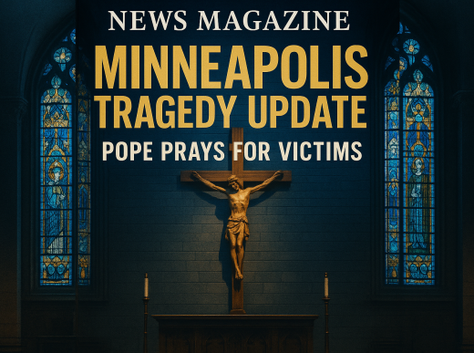Catholic church interior with stained glass windows and crucifix, magazine cover style