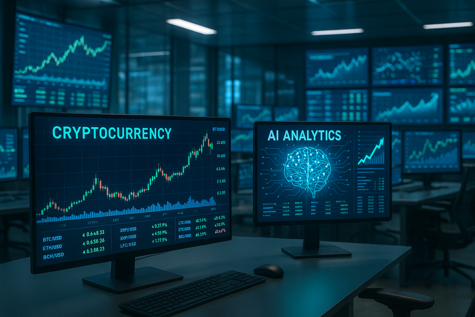 Modern Cryptocurrency Trading Floor with AI Analytics