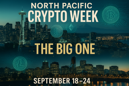 Professional magazine cover for North Pacific Crypto Week featuring The Big One branding