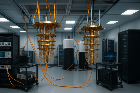 Quantum computing laboratory with advanced quantum processors and research equipment