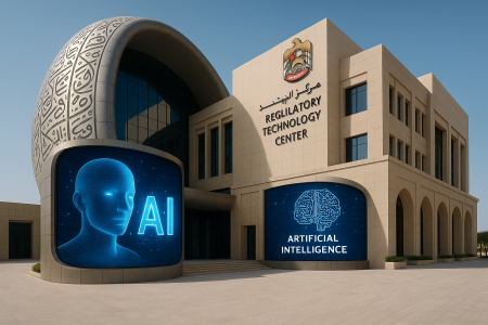 Futuristic government building in UAE with AI technology displays and regulatory center