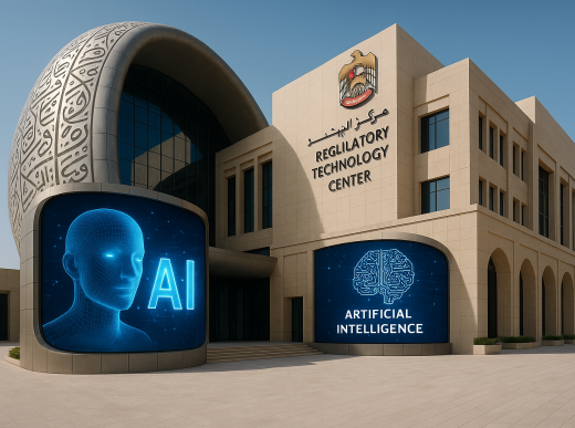 Futuristic government building in UAE with AI technology displays and regulatory center