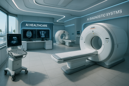 Advanced AI healthcare facility with medical technology and diagnostic systems