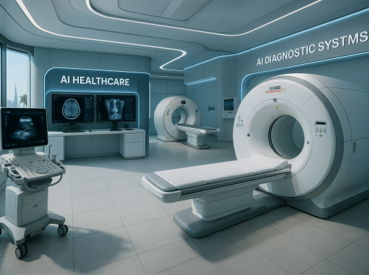 Advanced AI healthcare facility with medical technology and diagnostic systems