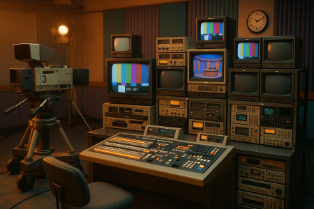 Retro television studio with 90s aesthetic equipment and vintage broadcasting technology