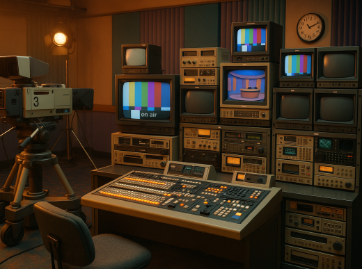 Retro television studio with 90s aesthetic equipment and vintage broadcasting technology