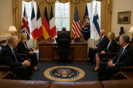 White House Oval Office European leaders summit diplomatic meeting flags