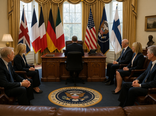 White House Oval Office European leaders summit diplomatic meeting flags