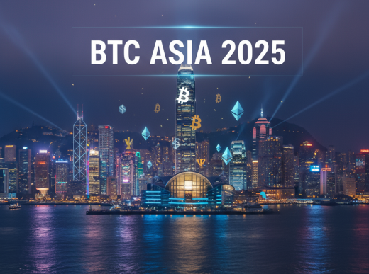 BTC Asia 2025 conference Hong Kong skyline with Bitcoin and cryptocurrency symbols