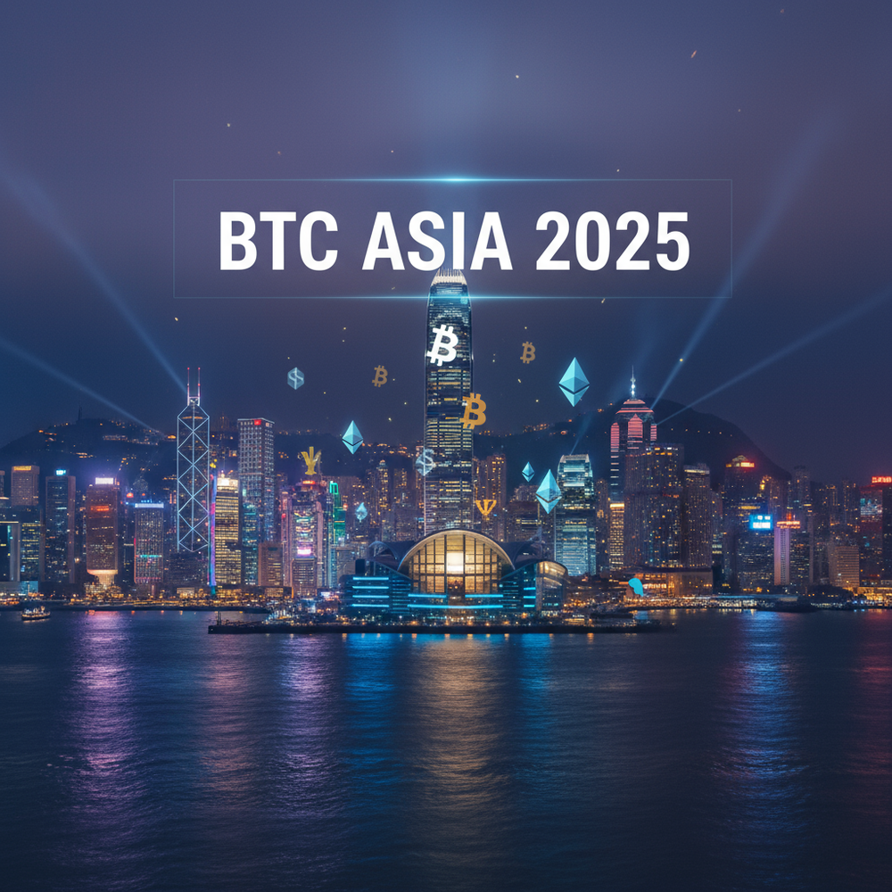 BTC Asia 2025 conference Hong Kong skyline with Bitcoin and cryptocurrency symbols