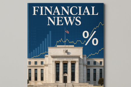 Federal Reserve building with financial charts and interest rate symbols