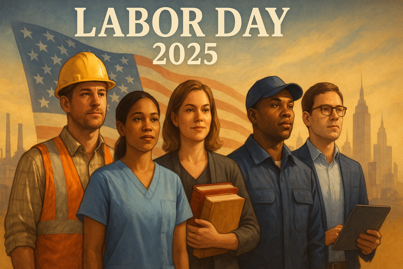 Diverse American workers standing together with American flag and city skyline background for Labor Day 2025