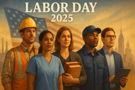 Diverse American workers standing together with American flag and city skyline background for Labor Day 2025