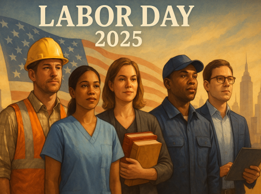 Diverse American workers standing together with American flag and city skyline background for Labor Day 2025