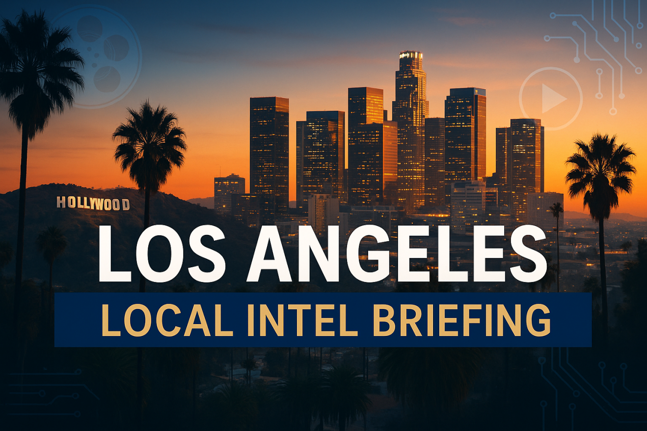 Los Angeles Local Intel Briefing with LA skyline, Hollywood sign and downtown at sunset