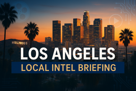 Los Angeles Local Intel Briefing with LA skyline, Hollywood sign and downtown at sunset