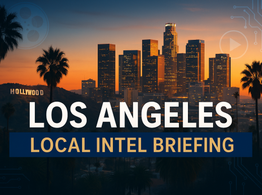 Los Angeles Local Intel Briefing with LA skyline, Hollywood sign and downtown at sunset
