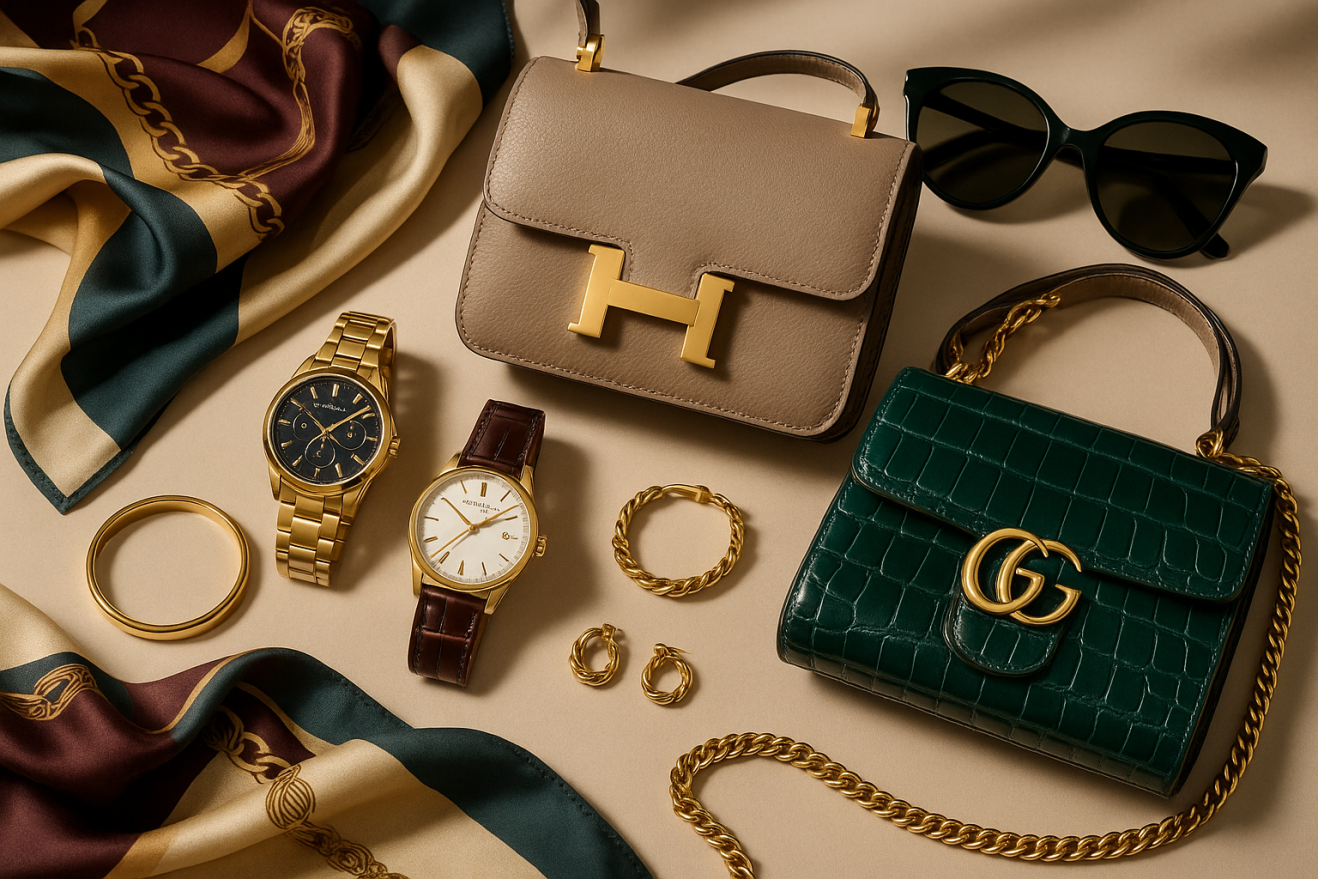 Elegant luxury accessories including designer handbags, watches, jewelry and silk scarves