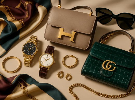 Elegant luxury accessories including designer handbags, watches, jewelry and silk scarves