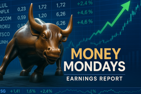 Money Mondays Q3 2025 US Stock Market Earnings Report with Wall Street bull and rising charts